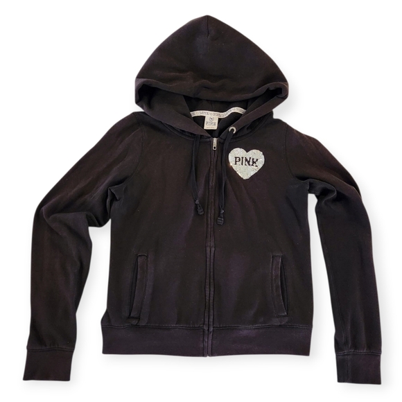 Victoria Secret PINK - Black Full Zip Hoodie With Silver Sequins Women's Large - Picture 2 of 7